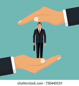 Businessman in hands palm holds client. Customer retention concept. Customer Care. Providing save customer loyalty. Vector illustration flat design. Isolated on white background. 