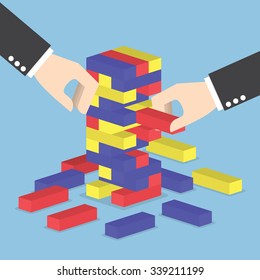 Businessman hands play wood block tower game, Teamwork, Strategy and Vision concept