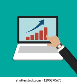 Businessman hands point to computer screen with financial charts. Flat style vector illustration