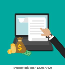 Businessman hands point to computer screen with pay bills tax online receipt. Flat style vector illustration