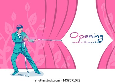 Businessman hands pull rope red cloth. Grand opening concept. Ceremony, celebration, presentation and event. Vector illustration sketch style. Cartoon creative design. Isolated on white background.