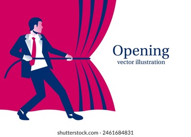 Businessman hands pull rope red cloth. Grand opening concept. Vector illustration flat design. Isolated on white background. Ceremony, celebration, presentation and event.