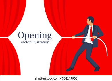 Businessman hands pull rope red cloth. Grand opening concept. Ceremony, celebration, presentation and event. Vector illustration flat design. Isolated on white background.
