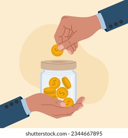 Businessman hands putting coin in jar with coins. Investments, saving money concept. Hand drawn vector illustration isolated on light background, modern flat cartoon style.