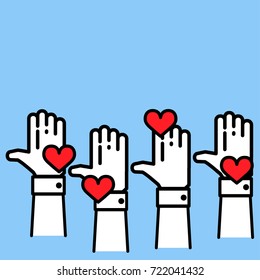 Businessman hands raised up in the air with red hearts. People give love isolated on blue background. Volunteering and sharing concept. Flat vector illustration in black thin line style.