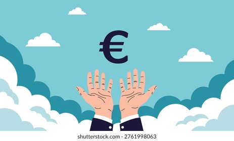 Businessman hands reaching up towards a floating dark blue euro currency symbol in a sky filled with white fluffy clouds.