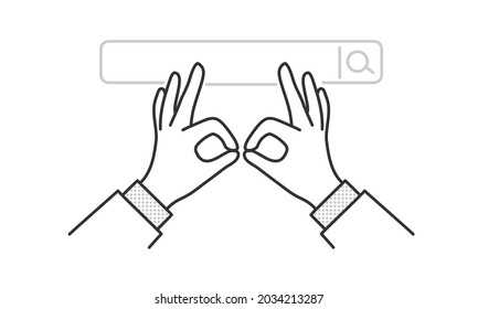 Businessman hands show search gesture. Hand drawn vector illustration. Black and white.