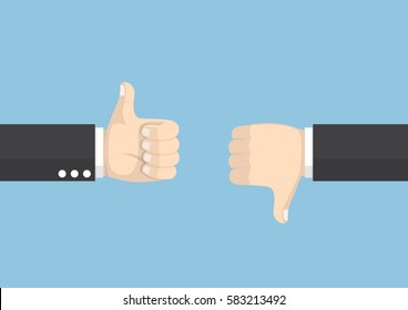 Businessman hands showing different gesture thumb up and thumb down, voting and feedback concept