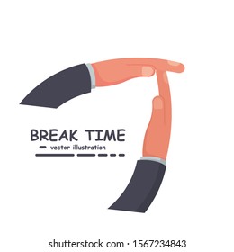 Businessman hands signaled a break from work. Gesture hands time-out. Vector illustration flat design style.Isolated male hands symbolizing a break.
