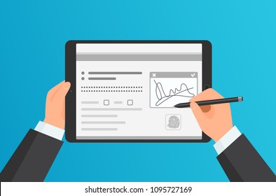 Businessman Hands signing Digital signature on modern tablet. Vector concept.