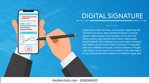 Businessman Hands signing Digital signature on modern smartphone. holding a phone for signature. Vector concept.