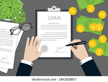 Businessman Hands signing and Stamped on the loan application form document, Business concept, Vector Illustration in flat style.