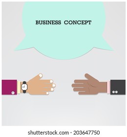 Businessman hands with speech bubble .Handshake or partnership concept, Business meeting idea. Vector illustration