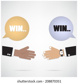 Businessman hands with speech bubble .Handshake or partnership concept. Win-win background.Business meeting idea. Vector illustration