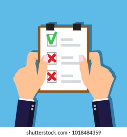 Businessman hands with tablet with checkmark in a flat design. Vector illustration.
