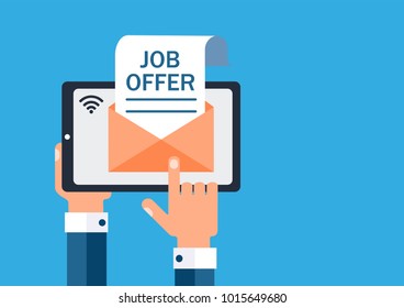 A businessman in the hands of a tablet with electronic letter of job offers.
