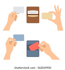 Businessman hands takes out a business card from holder, holds credit cards. Isolated on white flat concept illustration of cardholders, blanks. Vector infographic elements for web, presentations.