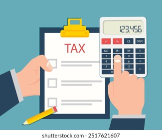 Businessman hands with tax document and calculator in a flat design
