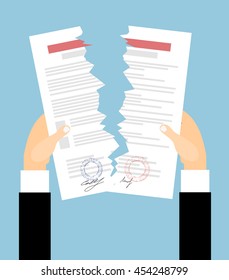 Businessman hands tearing apart contract. Contract termination concept. vector illustration in flat design