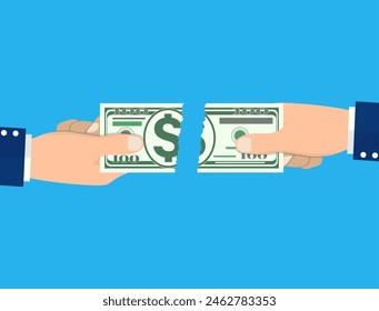 businessman hands tearing apart money banknote into two peaces. Vector illustration in flat style