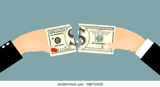 businessman hands tearing apart money banknote into two peaces. vector illustration in flat design