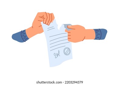 Businessman hands tearing contract or business agreement paper. Isolated ripped page with stamp and signature. Strategy or plan for development. Vector in flat style