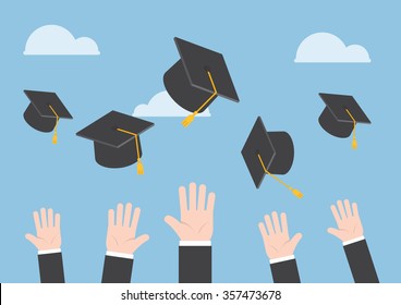 Businessman hands throwing graduation hat in the air, VECTOR, EPS10