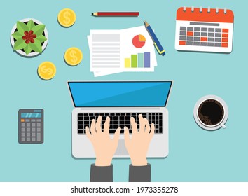Businessman Hands Typing on Laptop with Office Appliances Flat Style