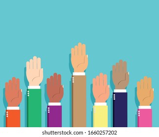 Businessman hands up. meeting, vote, question, comment, teamwork, communication. Group ethnic. business concept