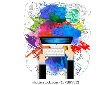 Businessman hands using laptop - Background  Colorful watercolor stains collection,Plan Business - modern Idea and concept vector illustration.