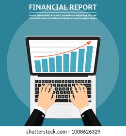 Businessman hands using laptop with financial report graph on monitor, online marketing and computer technology concept