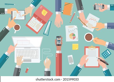 Businessman hands with various poses, holding, pointing, presenting, writing, in very busy business meeting or conference. 