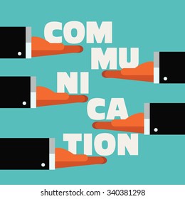 Businessman hands with the word "communication". International business, partnership, communication, cooperation and teamwork in business