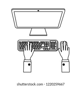 Businessman hands working on computer black and white