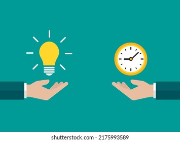 businessman hands with yellow shining bulb and clock. Vector flat illustration on blue. Ideas exchange, buy. Financial success, salary, investment,  dividend. Idea, inspiration.