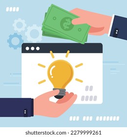 businessman hands with yellow shining bulb and money. creative idea and solution.Ideas exchange.