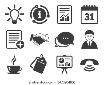 Businessman, handshake and call signs. Discount offer tag, chat, info icon. Office, documents and business icons. Chart, presentation and calendar symbols. Classic style signs set. Vector