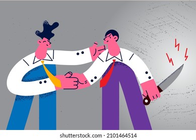 Businessman handshake colleague hide knife behind back ready to attack or betray. Business partners shake hands involved in risky deal. Rivalry and competition concept. Vector illustration. 