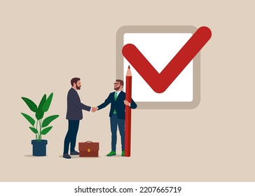 Businessman handshake completed checkbox. Commitment, promise or agreement to deliver, leadership skill or trust on work responsibility. Flat vector illustration.