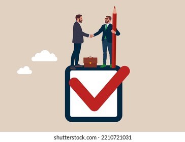 Businessman Handshake Completed Checkbox. Commitment, Promise Or Agreement To Deliver, Leadership Skill Or Trust On Work Responsibility. Flat Vector Illustration.