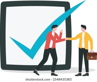 Businessman handshake completed checkbox. Commitment, promise or agreement to deliver, leadership skill or trust on work responsibility. Flat vector illustration.

