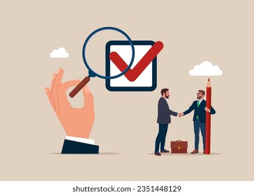 Businessman handshake completed checkbox. Flat vector illustration