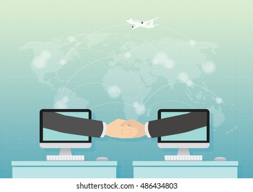 Businessman handshake in computer on world map background. Business concept. Background with copy space. Vector Illustration