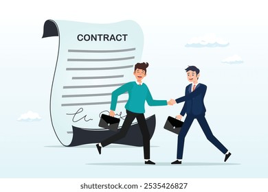 Businessman handshake with contract paper, employment contract agreement, corporate partnership document with signature, new employee signing contract, legal paperwork, recruitment document concept