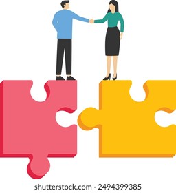 Businessman handshake matching jigsaw puzzle pieces, Vector illustration design concept in flat style

