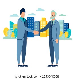 Businessman handshake on deal . Flat style. Cartoon vector illustration