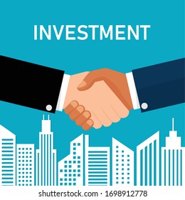 Businessman handshake on white building blue background. vector illustration flat design. Agreement and finance concept.  Construction business profits.