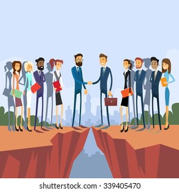 Businessman Handshake Over Cliff Gap Mountain, Businesspeople Group Team Management Concept Business People Hand Shake Flat Retro Vector Illustration
