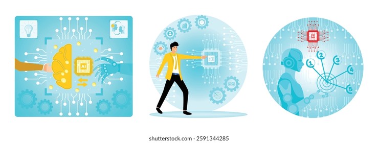 Businessman Handshake with Robot Amidst Artificial Intelligence. A professional in a business environment interacts with AI technology. Futuristic communication. Set flat vector modern illustration 