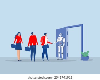 Businessman handshake with robot welcome and cooperation work innovation together. Artificially intelligent Onboarding employee, warm welcome to new office, orientation training on first day.